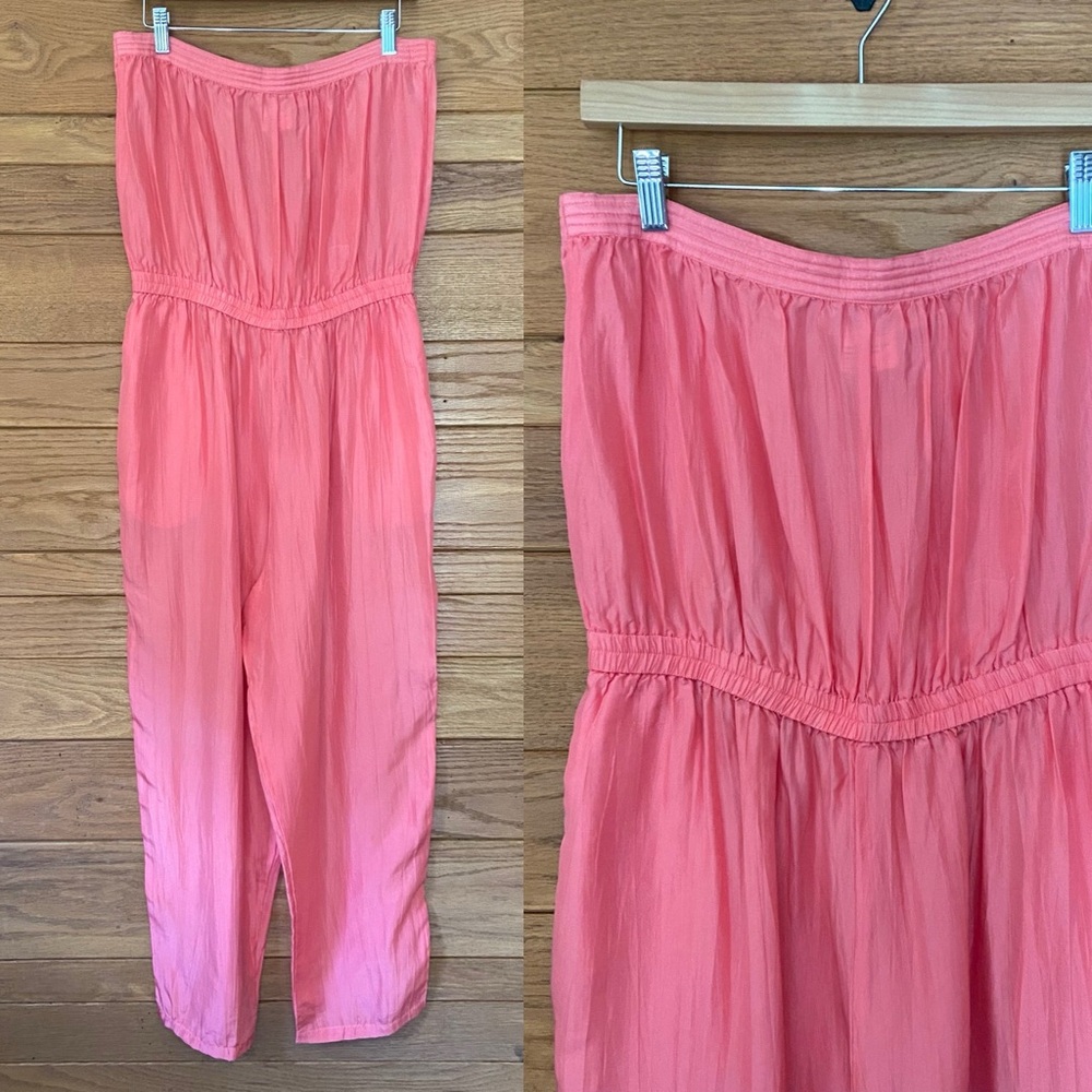 Vintage 80s Stewart Sport washable silk coral pink strapless jumpsuit